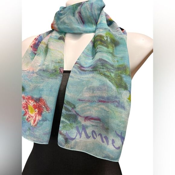 Claude Monet Water Lily Scarf Silk Oblong - Picture 1 of 10